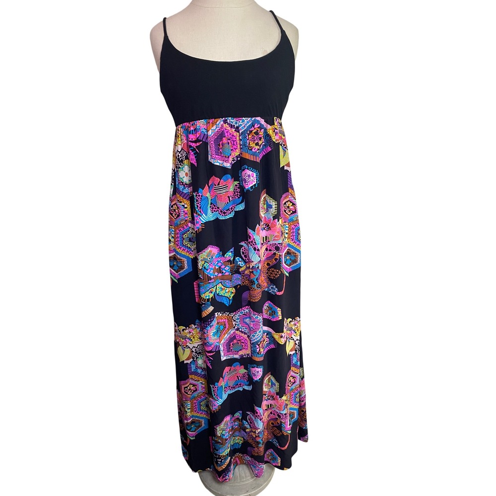 Alice + Trixie Silk Maxi Dress Size Large Racerback Black Floral Geometric USA
